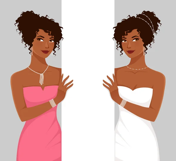 Schöne Junge Afroamerikanerin Einem Hochzeitskleid Oder Einem Glamourösen Ballkleid Stockvektor