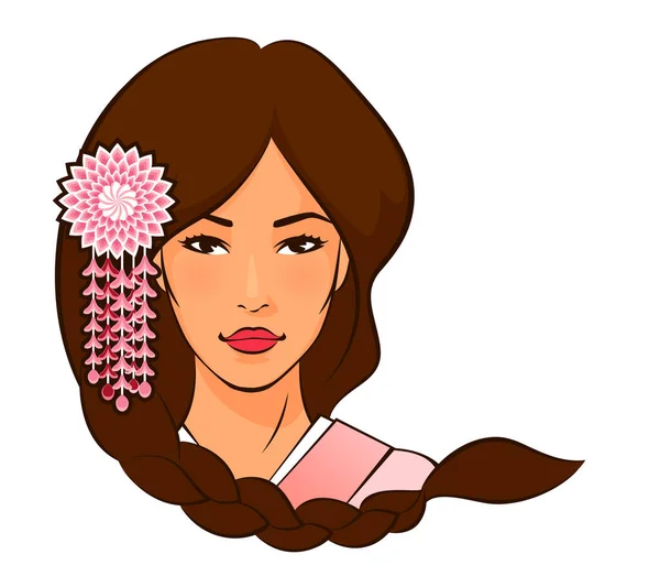 Πρόσωπο Μιας Όμορφης Νεαρής Γιαπωνέζας Πλεγμένα Μαλλιά Που Φορούσε Ροζ — Διανυσματικό Αρχείο