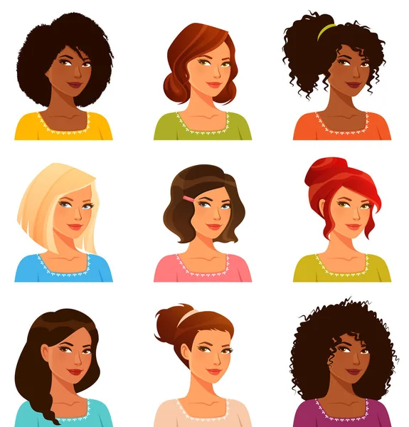 Roztomilé Kreslené Portréty Usmívající Mladé Ženy Různými Účesy Barvou Vlasů — Stockový vektor