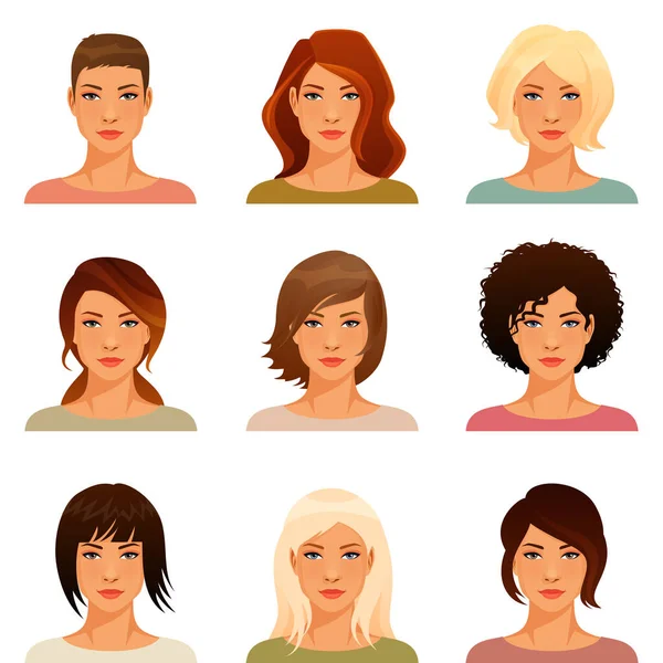 Kreslené Portréty Krásné Mladé Ženy Různými Účesy Barvou Vlasů Vhodné — Stockový vektor