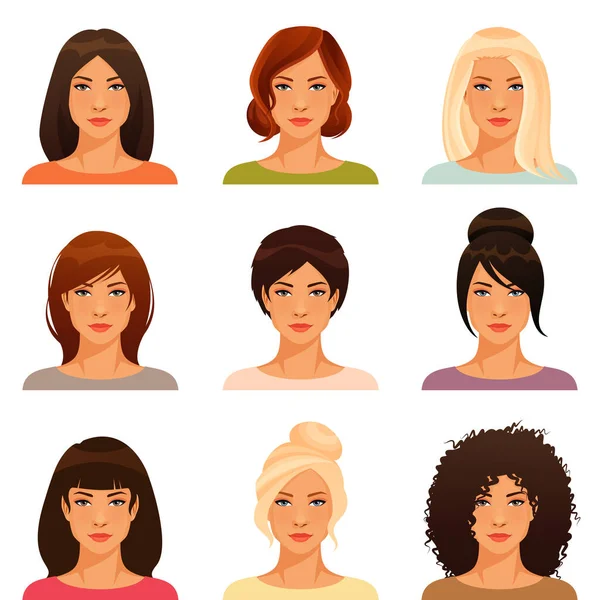 Portrety Kreskówki Pięknej Młodej Kobiety Różnych Fryzury Koloru Włosów Nadaje — Wektor stockowy