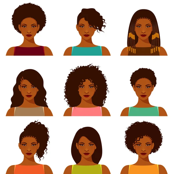 Beautiful African American Woman Various Hairstyles Portrait Young Black Woman — Stock Vector