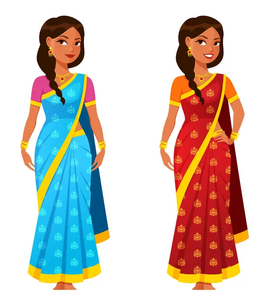 Piękna Hinduska Kobieta Ubrana Kolorowe Tradycyjne Sari Klejnoty Młoda Hinduska — Wektor stockowy