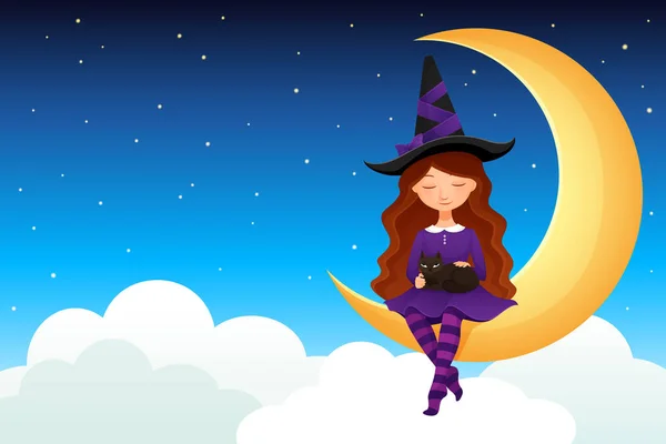 Halloween Illustration Cute Witch Girl Her Cat Enjoying Moon Ride — Stock Vector