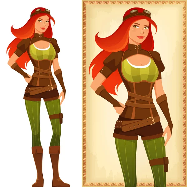 Mooi Roodharig Meisje Lederen Steampunk Kostuum Aantrekkelijke Jonge Vrouw Uitgebreide — Stockvector