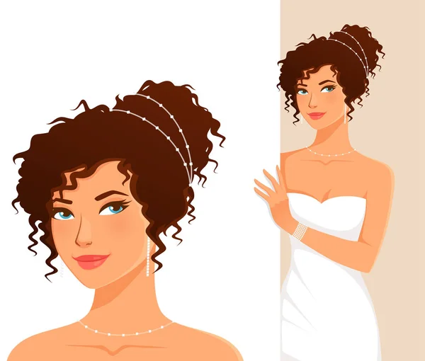Beautiful Young Woman Wearing White Wedding Dress Diamond Jewels Attractive — Stock Vector