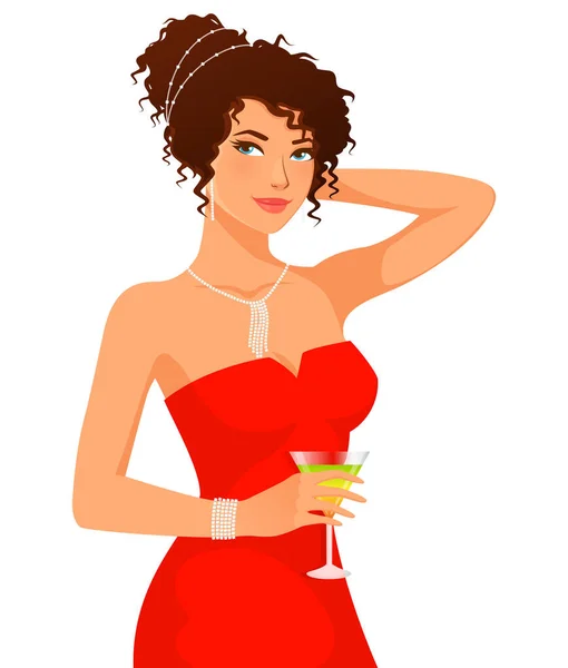 Приваблива Молода Жінка Розкішній Червоній Сукні Алмазних Прикрасах Тримаючи Коктейльний Стокова Ілюстрація