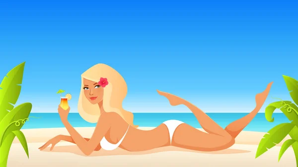 Sommer Illustration Eines Schönen Mädchens Weißen Bikini Strand Stockillustration