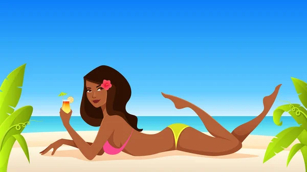 Sommer Illustration Eines Schönen Mädchens Weißen Bikini Strand Stockvektor