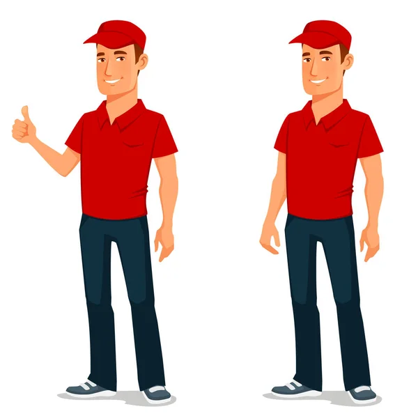 英俊的年轻人穿着红色的T恤和帽子 微笑着 竖起大拇指 穿着公司制服的员工 随时准备协助客户 — 图库矢量图片