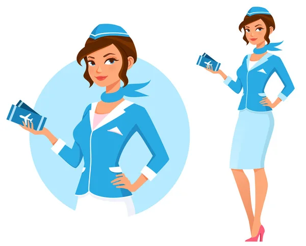 Niedliche Cartoon Illustration Einer Schönen Stewardess Attraktive Flugbegleiterin Blauer Uniform lizenzfreie Stockillustrationen