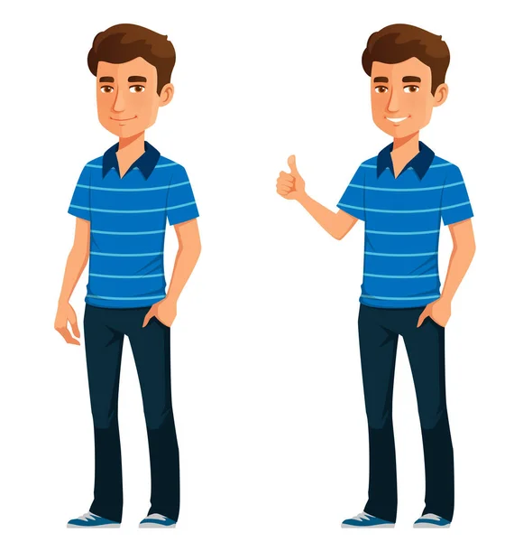 Friendly Young Man Student Wearing Jeans Smiling Giving Thumbs Cartoon — Stock vektor