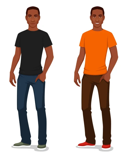 カジュアルな服を着たハンサムなアフリカ系アメリカ人男性 ジーンズとTシャツを着た若い黒人男性の笑顔 白に隔離された — ストックベクタ