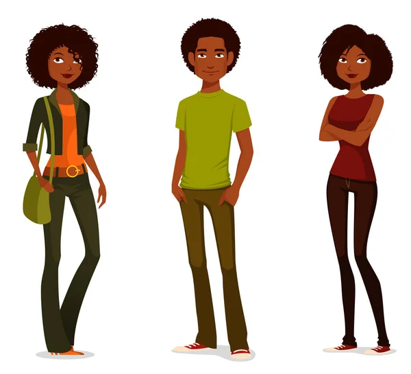 Cute Cartoon Illustration Young African American People Casual Street Fashion — Vector de stock