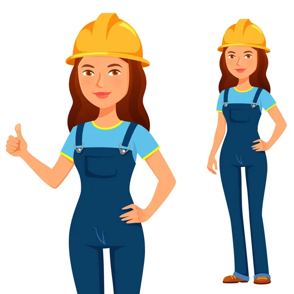 Funny Cartoon Repairwoman Construction Worker Safety Hat Young Woman Blue Stockvektor