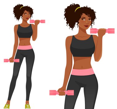 young girl in sport outfit, lifting dumbbells. African American woman in gym wear, working out. Healthy lifestyle concept. Cartoon character. Isolated on white.