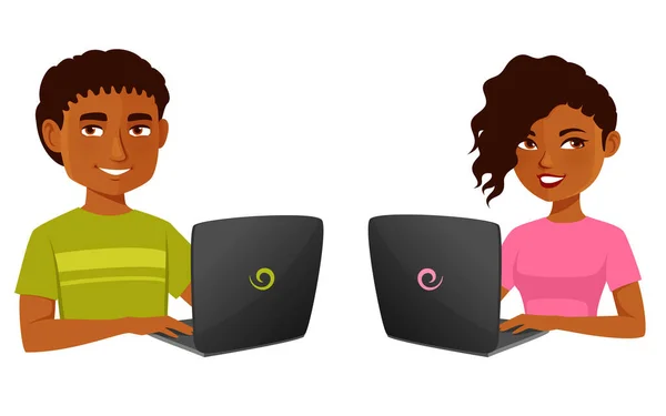 Cute Cartoon Illustration Young African American People Using Laptop Chatting — Vector de stock