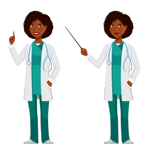 아프리카 미국인 실험실 코트와 청진기를 착용하고 여성을 보건소에서 일하고 있습니다 — 스톡 벡터