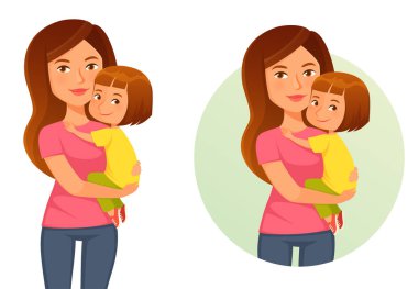 cute illustration of a young happy mother holding her daughter in embrace. Family or parenthood concept. Cartoon character, isolated on white or with circle background. Vector file.