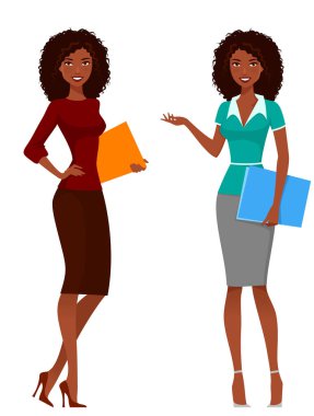 young African American businesswoman in elegant smart casual fashion. Beautiful black woman in office attire, a secretary, assistant, teacher or lawyer. Cartoon character. Vector eps file.