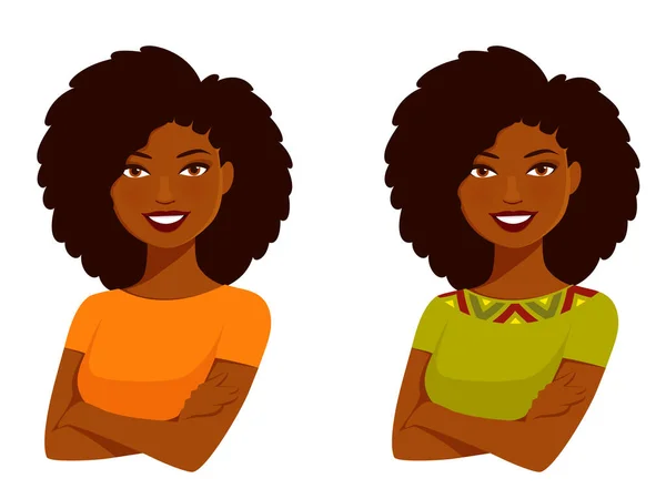 Ilustração Uma Mulher Afro Americana Feliz Sorrindo Com Braços Cruzados — Vetor de Stock