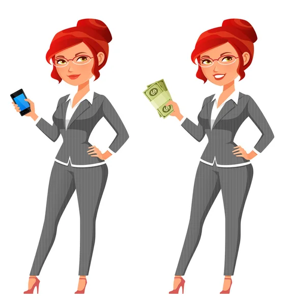 Funny Illustration Office Woman Grey Suit Beautiful Redhead Businesswoman Holding — Stockvector