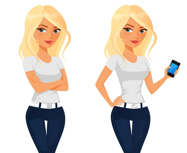 ジーンズを着た若いブロンドの女性のかわいい漫画のキャラクターが腕を組んで立っているか 携帯電話を持っている 白に隔離されてる ベクトルEpsファイル — ストックベクタ