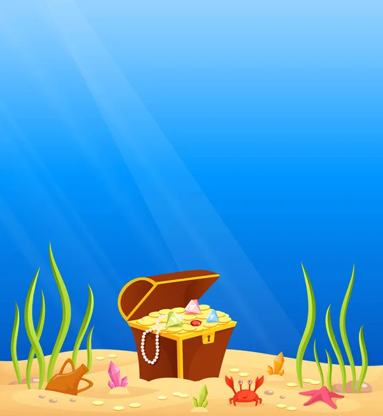 Bunte Zeichentrickillustration Eines Meeresbodens Mit Tiefblauem Wasser Und Einer Schatztruhe — Stockvektor