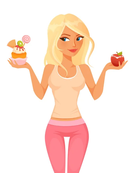 Cute Cartoon Character Beautiful Blonde Woman Fitness Clothing Deciding Healthy — Stock Vector