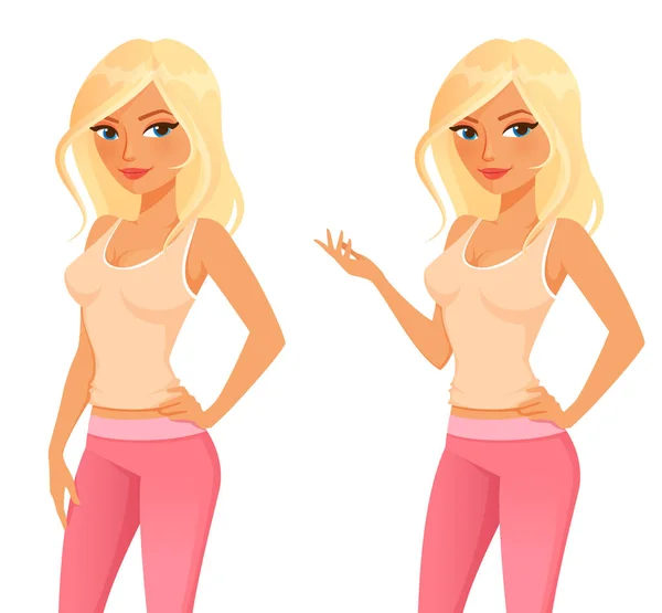 Cute Cartoon Character Beautiful Blonde Woman Fitness Clothing Beige Tank —  Vetores de Stock