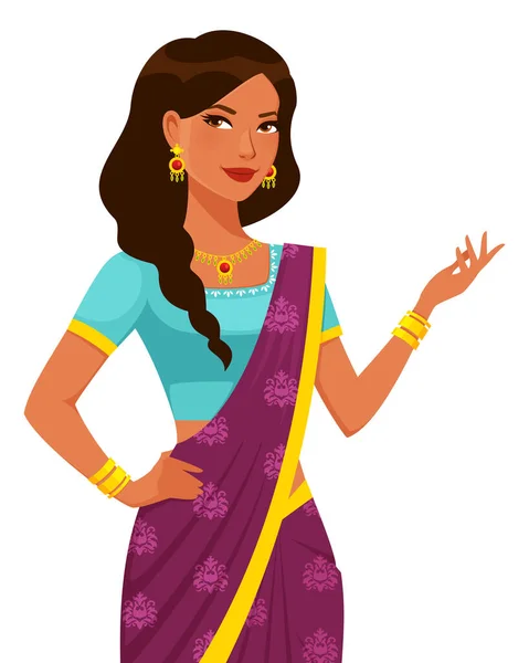 年轻美丽的印度女人 有辫子状的头发 穿着五颜六色的传统萨里或萨里 卡通角色 被白色隔离了向量体文件 — 图库矢量图片
