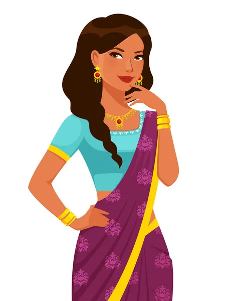 Illustration Beautiful Young Indian Woman Wearing Traditional Indian Saree Sari — Stock Vector
