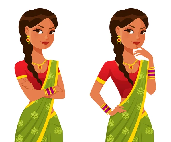 美しいインドの女性は カラフルな伝統的なのこぎりと宝石を身に着けています 彼女の腕が交差したり考えて 漫画のキャラクター 白に隔離されてる ベクトルEpsファイル — ストックベクタ