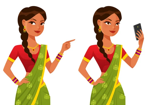 Hermosa Mujer India Colorido Saree Tradicional Joyas Señalando Con Dedo — Vector de stock