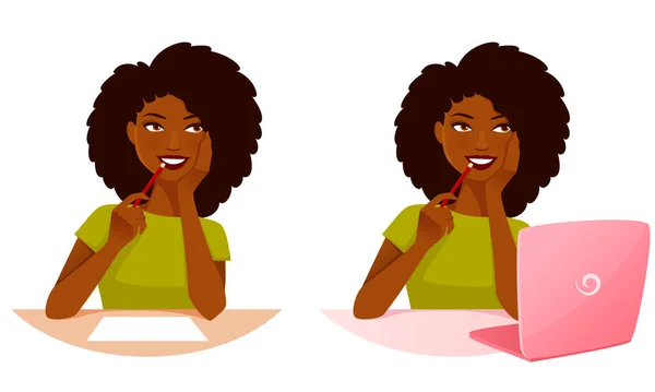 Χαριτωμένη Απεικόνιση Μιας Νεαρής Αφροαμερικανής Γυναίκας Που Σκέφτεται Γράφει Ένα — Διανυσματικό Αρχείο