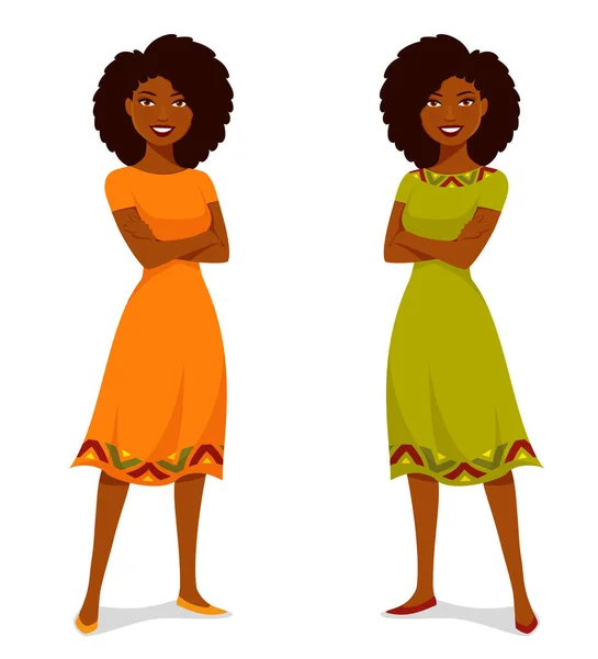 幸せなアフリカ系アメリカ人女性のイラストは 彼女の腕で笑顔が交差し オレンジや緑のドレスを着ていた 自然な髪 漫画のキャラクターと黒の女性を自信を持って ベクトルEpsファイル — ストックベクタ