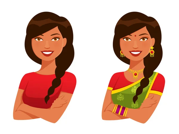 Saçları Örgülü Geleneksel Hint Elbisesi Sarisi Sari Giyen Kollarını Kavuşturarak — Stok Vektör