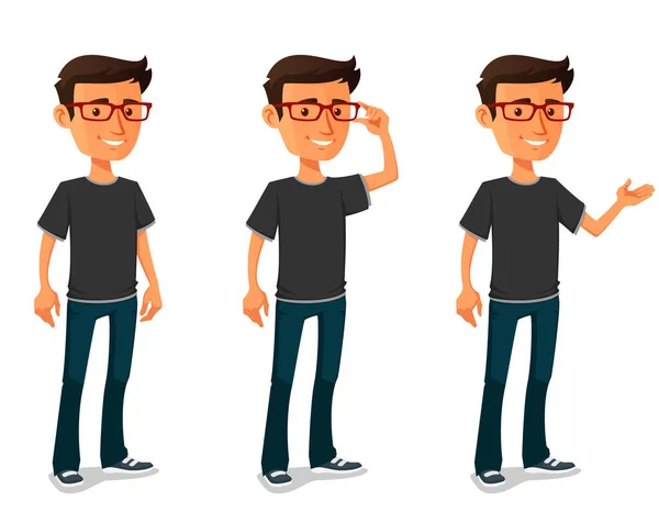 Funny Cartoon Character Young Man Jeans Wearing Glasses Smiling Gesturing Vector Graphics