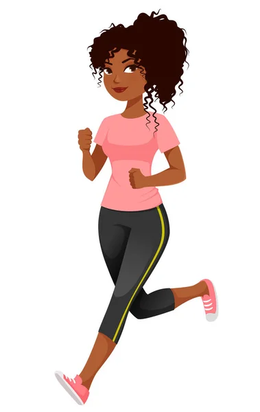 Roztomilé Ilustrace Mladé Černošky Sportovním Oblečení Běhání Afroameričanka Běhá Tričku — Stockový vektor