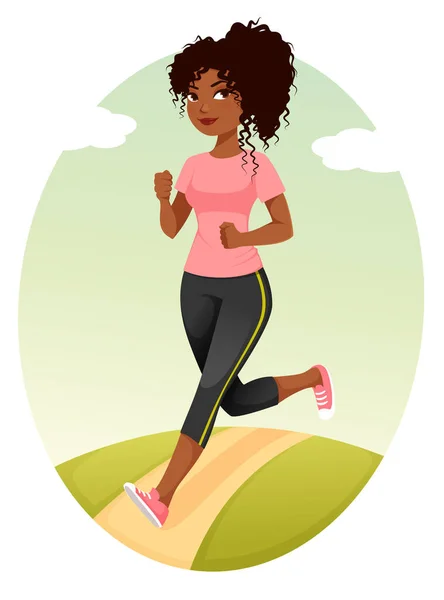 スポーツ服を着た若い黒人女性のかわいいイラスト ジョギング アフリカ系アメリカ人の女の子が走っていて Tシャツとレギンスを着ていて シンプルな屋外の背景をしています ロイヤリティフリーストックベクター