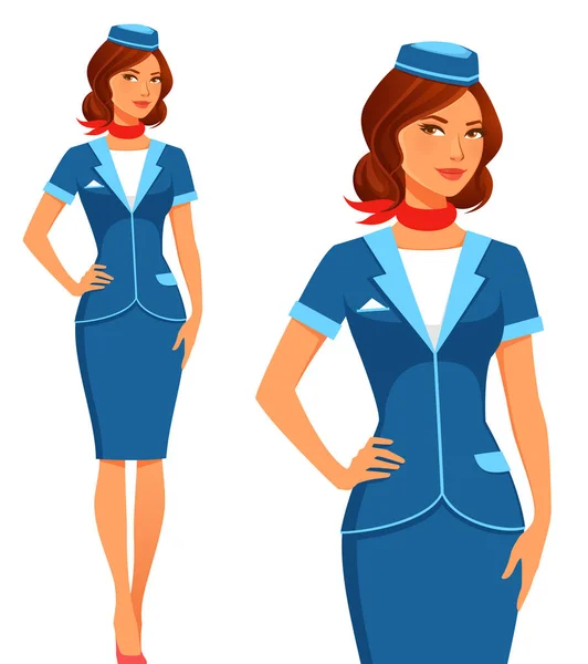 青い制服と赤いスカーフを着た美しい若い空気のホステス エレガントな飛行機のスチュワーデスまたは旅行代理店の代表 ストックベクター