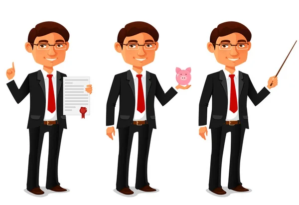 Young Friendly Man Black Business Suit Wearing Glasses Successful Businessman Stock Illustration