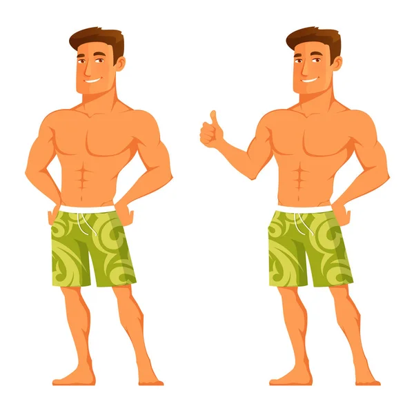魅力的な筋肉質の男は笑顔で彼のビーチボディを披露するだけのショートパンツを着て 面白い漫画のキャラクターの若いですハンサムな男で夏のファッション — ストックベクタ