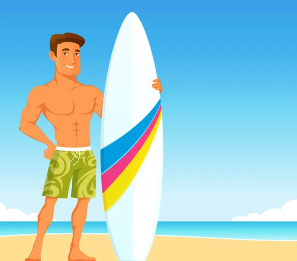 ビーチでサーフボードを持っている若い男の面白い漫画のキャラクター 夏のショートパンツを着たハンサムな笑顔サーファー — ストックベクタ