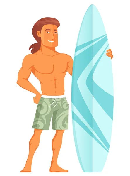 一个穿着夏季海滩短裤 拿着一块蓝色冲浪板的英俊男子的滑稽漫画 微笑的年轻冲浪者 与白人隔离 — 图库矢量图片