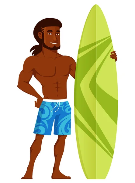 穿着蓝色海滩短裤的英俊的巴西或非洲裔美国冲浪选手 笑着拿着绿色冲浪板的年轻冲浪者 卡通人物 — 图库矢量图片
