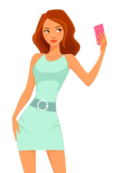 Attractive Brunette Bright Green Dress Posing Taking Selfie Cartoon Character Stock Illustration