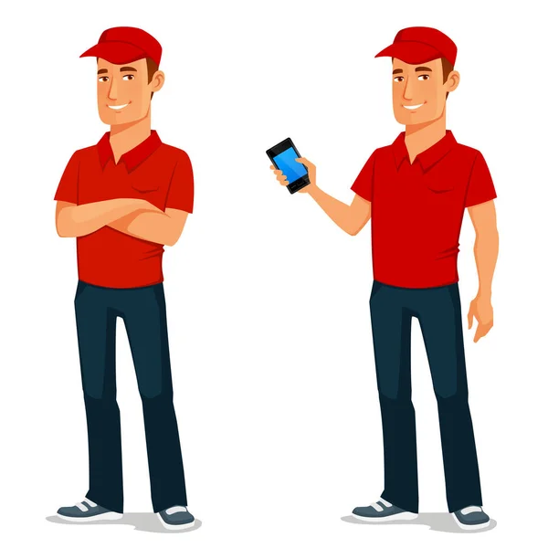 赤い制服を着た優しい若い男が 笑顔で腕を組んで立っているか 携帯電話を持っている 宅配便業者又はメッセンジャー男 — ストックベクタ