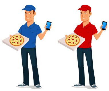 Mavi ya da kırmızı servis üniforması giyen yakışıklı bir pizzacının komik bir çizimi. Elinde pizza kutusu ve cep telefonu olan arkadaş canlısı genç bir adam. Beyazda izole edilmiş.