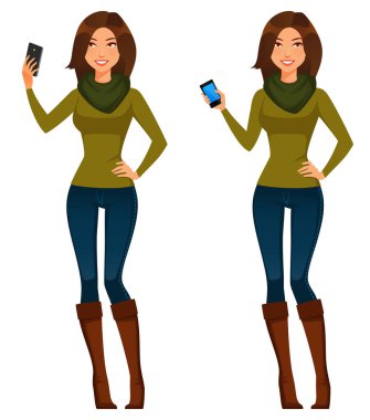 Güzel Asyalı kadın kışlık kıyafet, eşarp ve kot pantolon giyiyor, gülümsüyor ve selfie çekiyor ya da cep telefonu kullanıyor. Günlük giysiler içindeki genç ve çekici bir kadının hayat tarzı çizimi. Beyazda izole edilmiş.